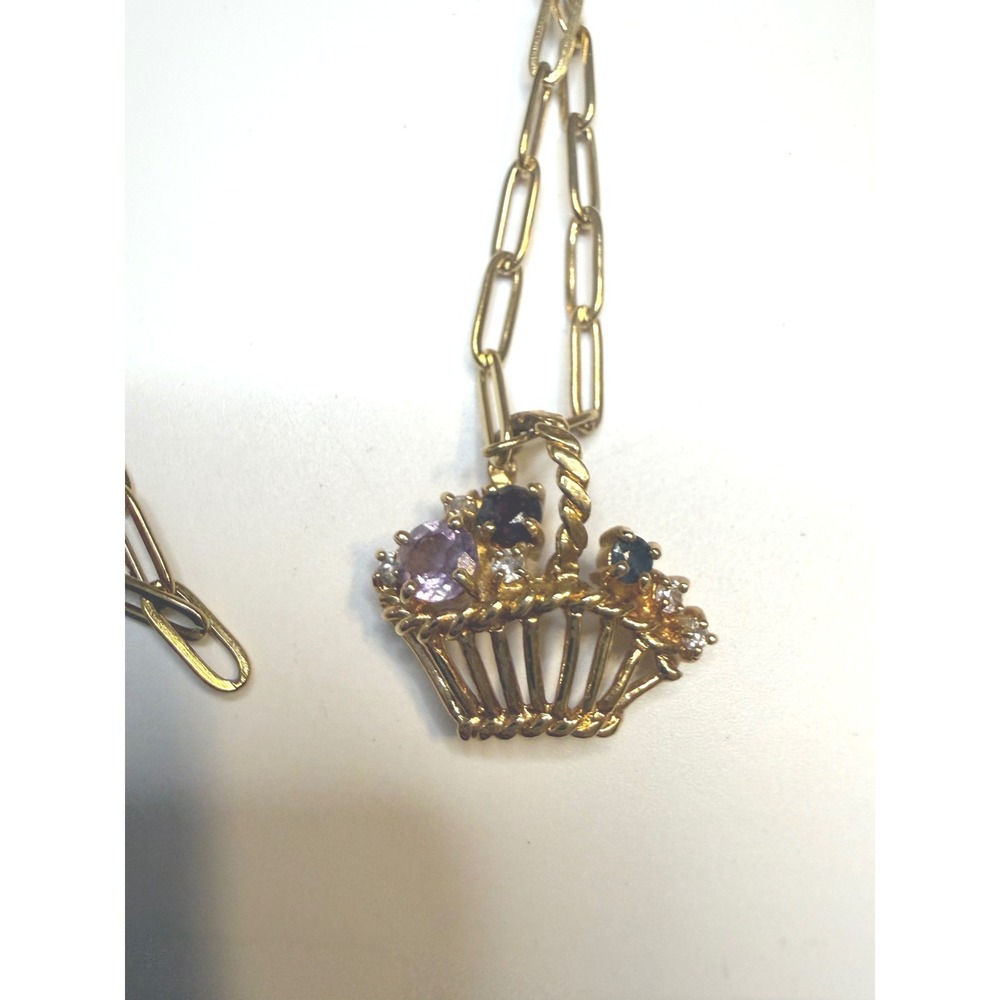 Gold Tone Flower Basket Pendant Necklace Multi Color Gemstone Paperclip Chain